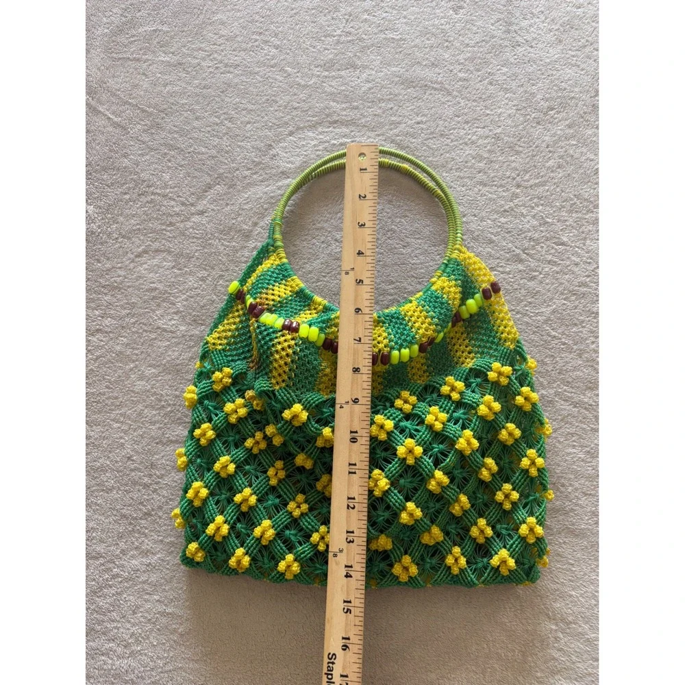 Handmade‎ Macrame Beaded Tote Bag Unique Design Green Yellow - Picture 3 of 6
